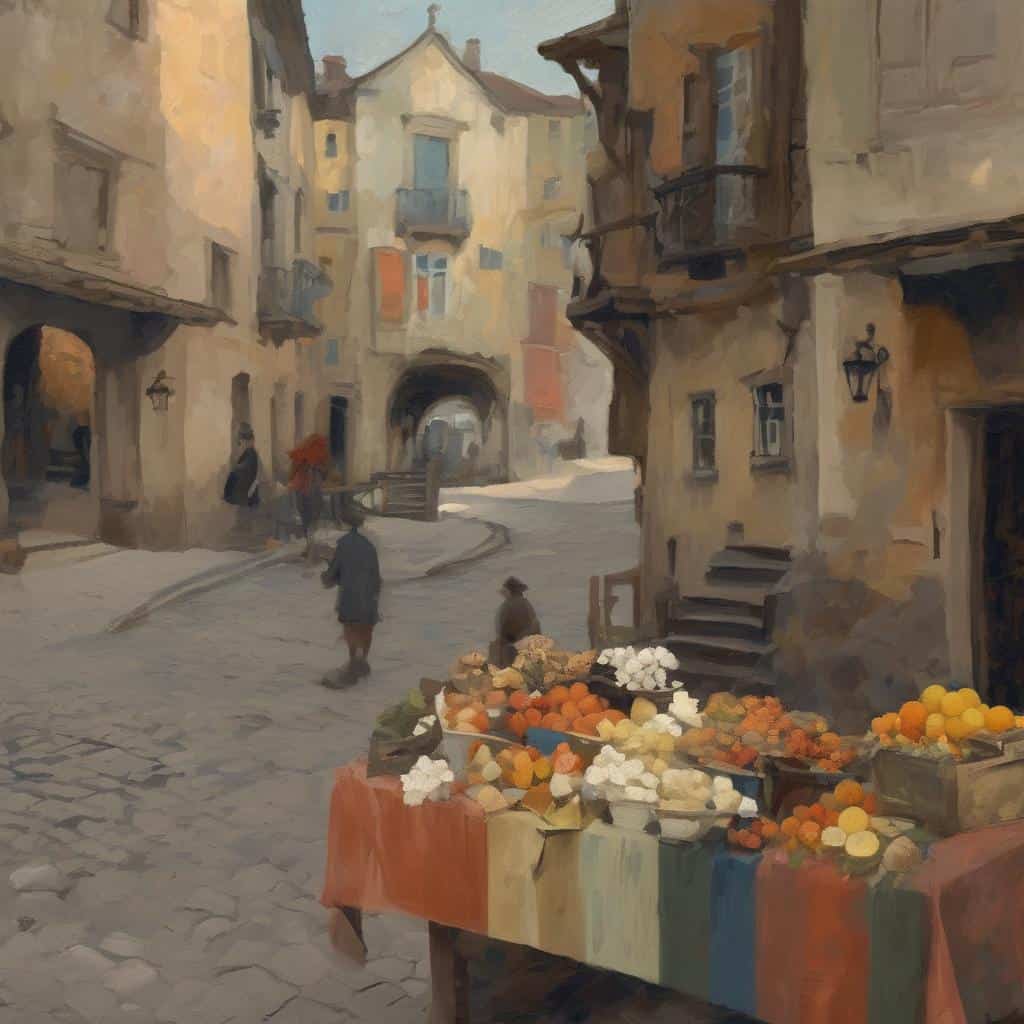 Ζωγραφική με παλιά ευρωπαϊκή πόλη και αγορά, κόσμο και καταστήματα σε έναν γραφικό δρόμο.