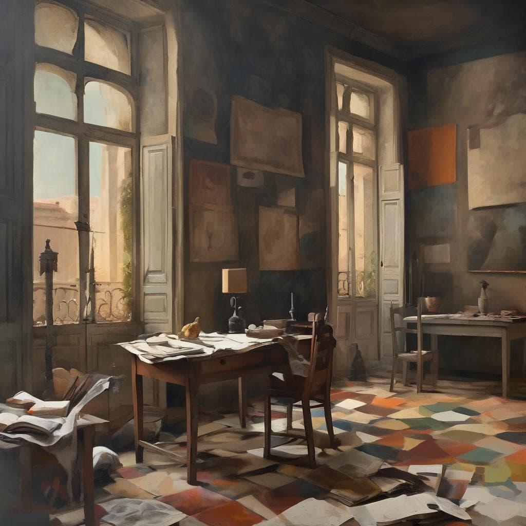 Καθαρό και άνετο εργαστήριο ζωγραφικής με μεγάλα παράθυρα και καλλιτεχνικά έργα στους τοίχους.