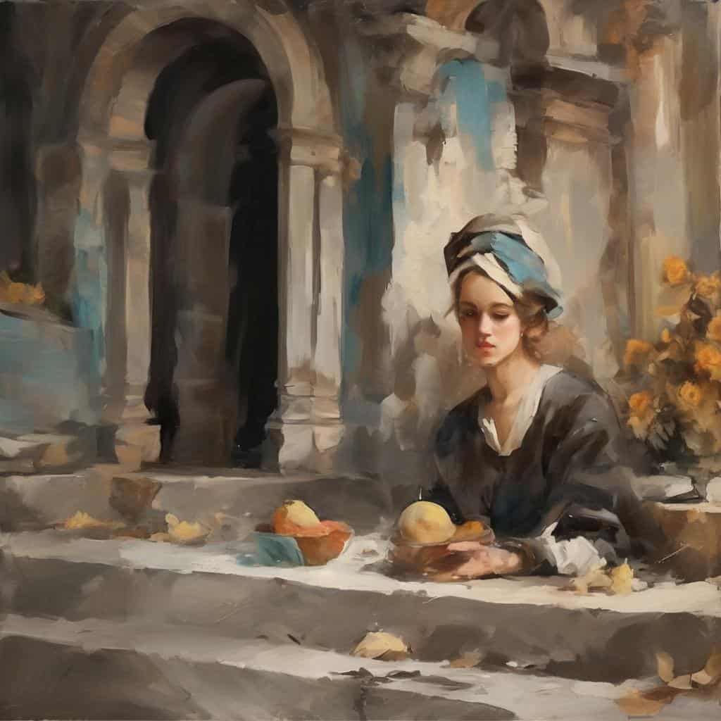 Νεαρή γυναίκα με μαντήλι, κλασικό τοπίο σε φθινοπωρινή πόλη, ρομαντικό πορτραίτο, αναμνηστική αφίσα τέχνης.