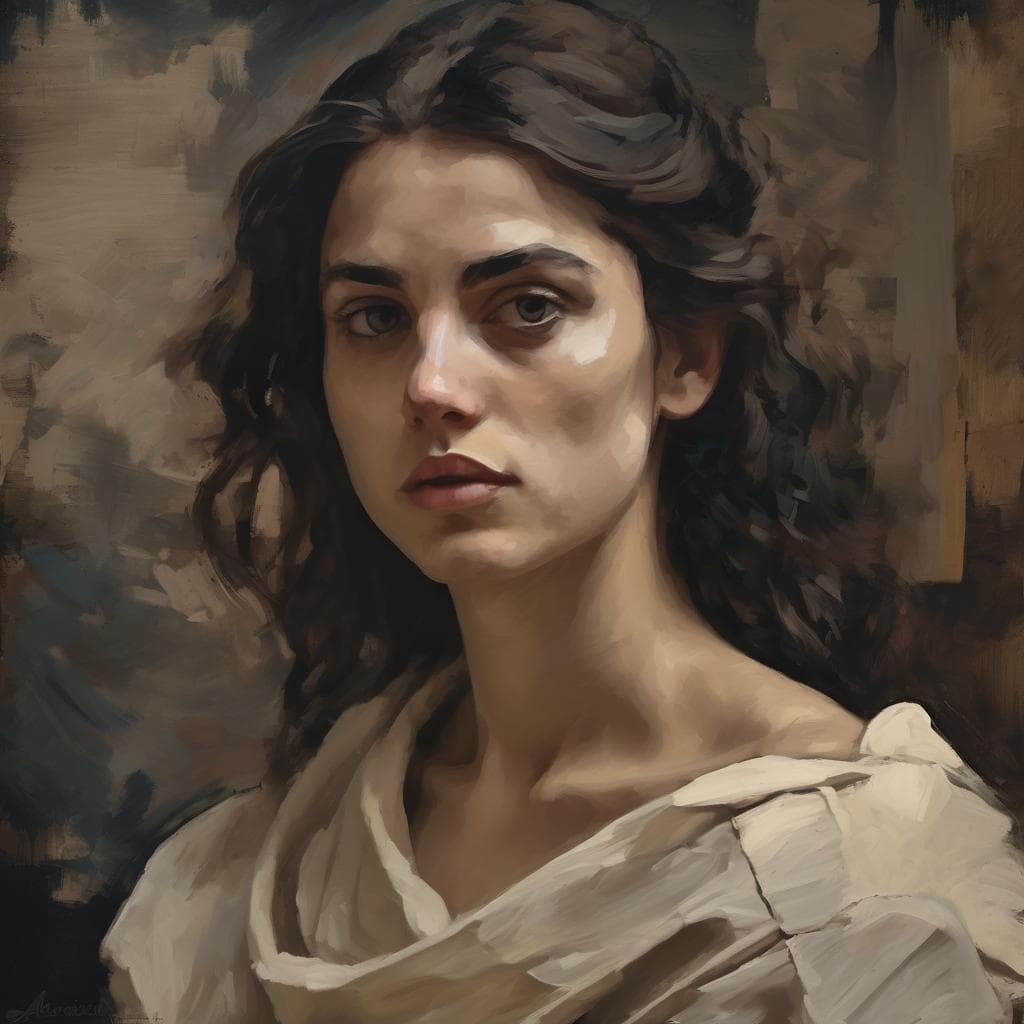 Ζευγάρι πορτρέτο γυναίκας σε ρεαλιστικό ψηφιακό πίνακα με έμφαση στην έκφραση και λεπτομέρεια.