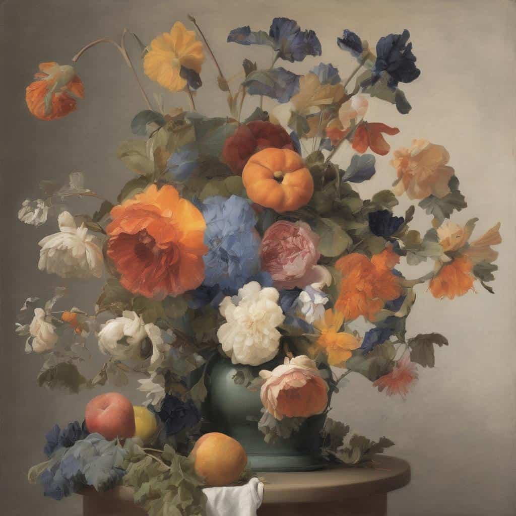 Μπουκέτο λουλουδιών και φρούτων σε βάζο, ζωγραφική με έντονες λεπτομέρειες και φυσιογνωμία.